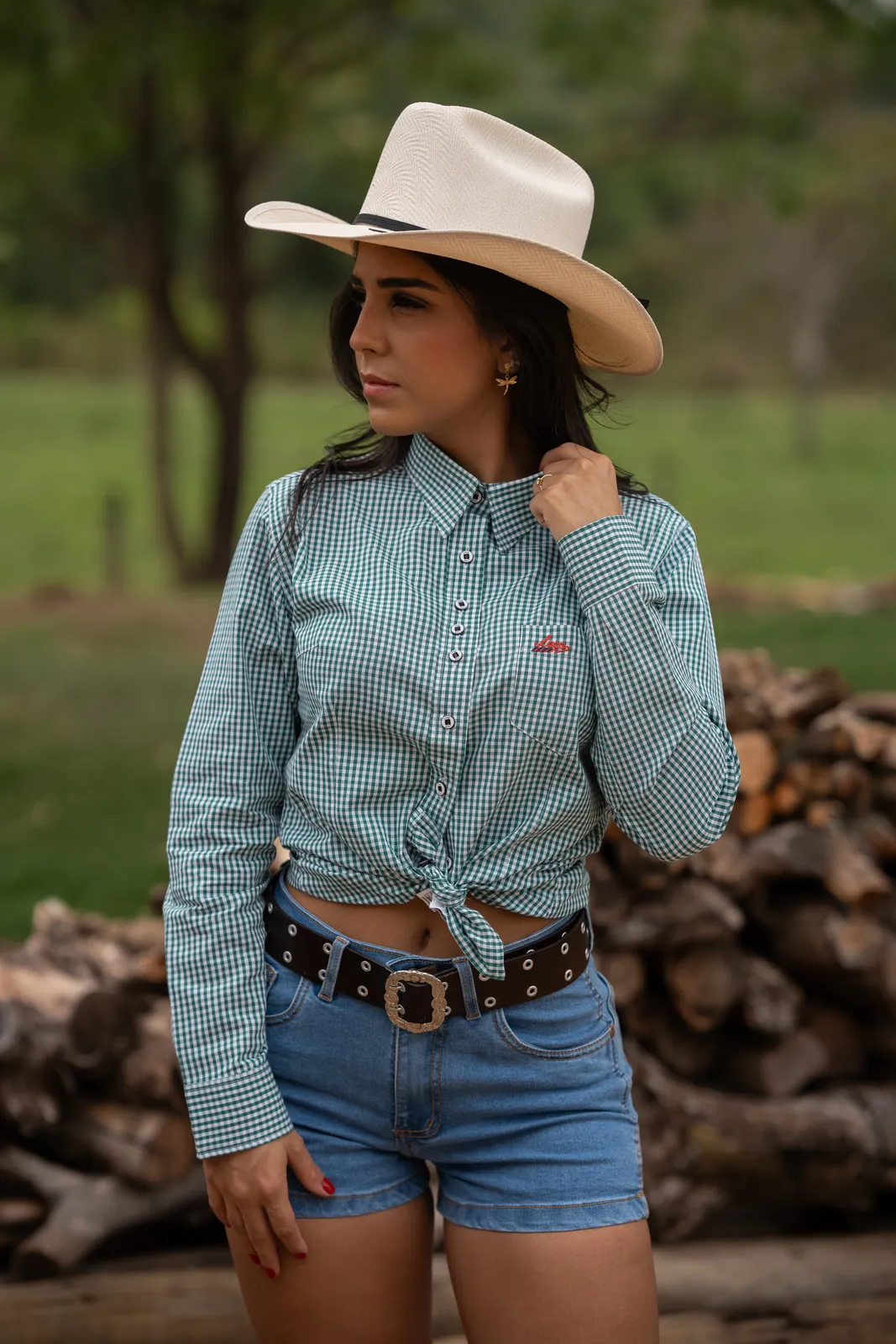 Look feminino Laço Bulls: camisete xadrez e short jeans